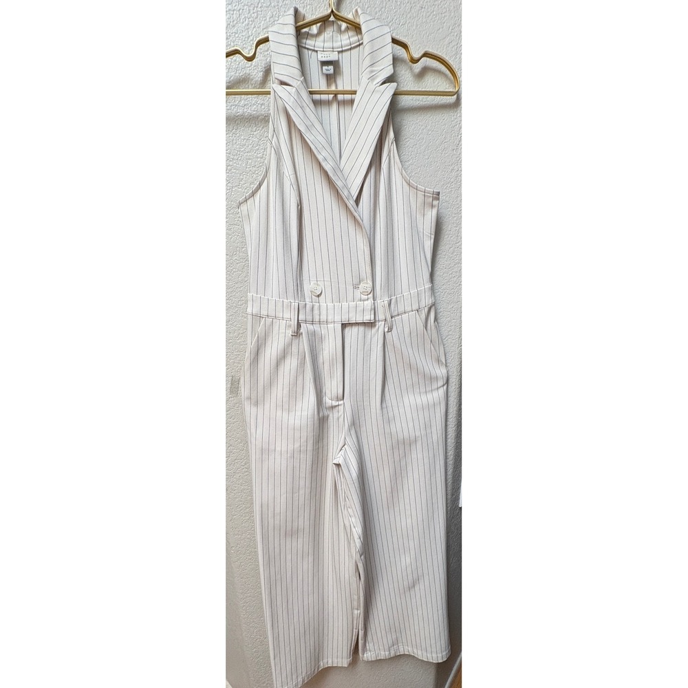 A New Day Womens Sz S Pinstripe Halter Jumpsuit Cream Black Double Breasted Wide - Picture 2 of 9